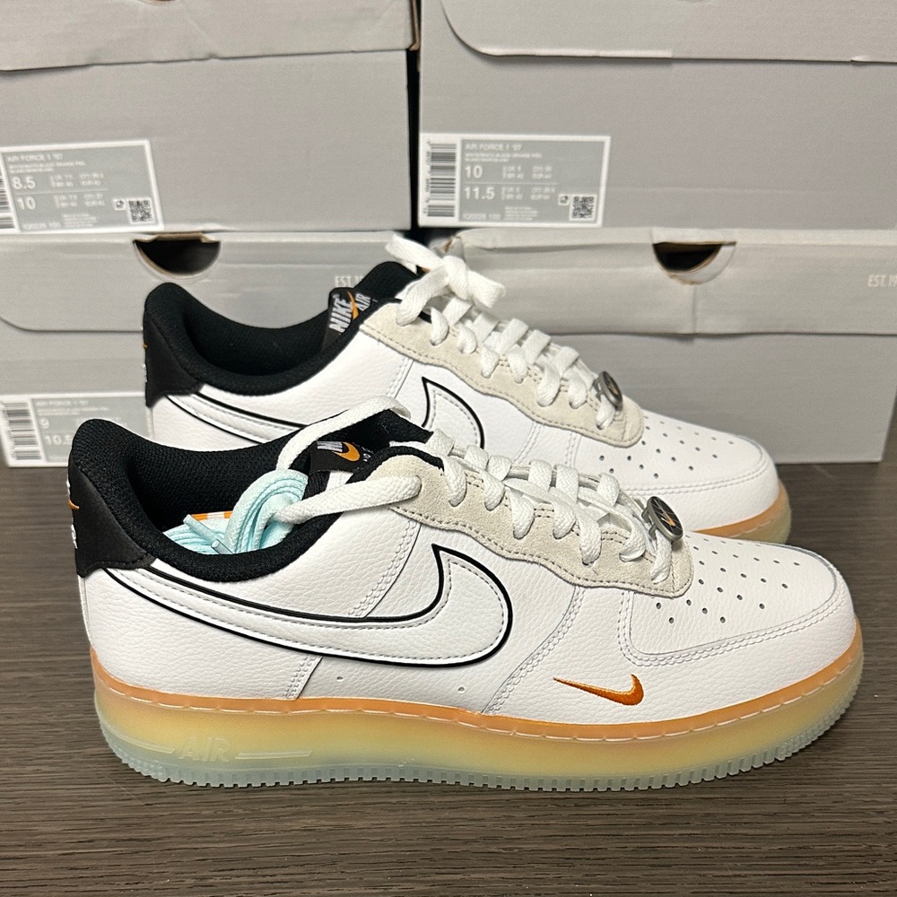 Nike White Leather Air Force 1 07’ Sneakers with Orange and Black. Multi sizes. - Picture 5 of 6